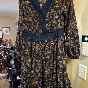 SHEIN Black Dress with Mustard Floral Print and Navy Lace